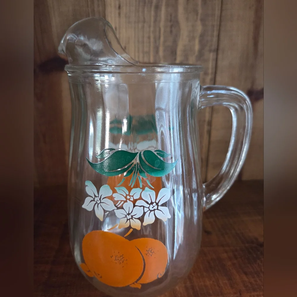 Vintage Mid-Century Glass Orange Juice Small Pitcher w/ Ice Lip 1960s